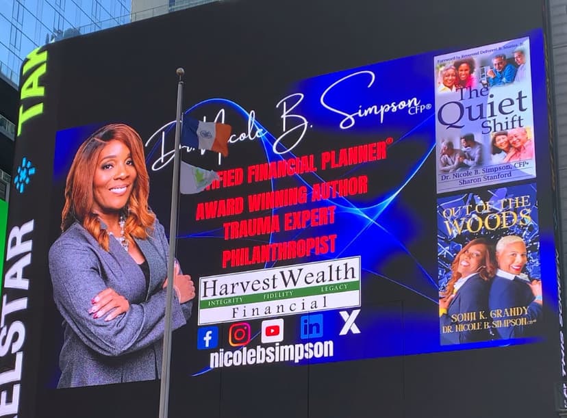 Dr. Nicole B. Simpson on a Times Square billboard beside the Harvest Wealth Financial logo and two of her book covers.