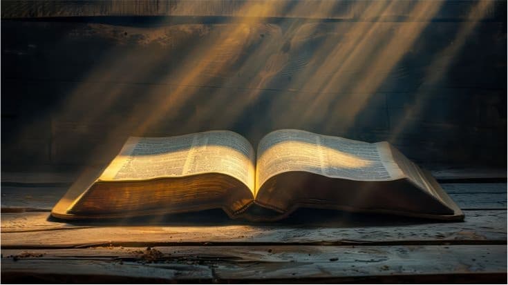 An open Bible lit by a shaft of warm light.